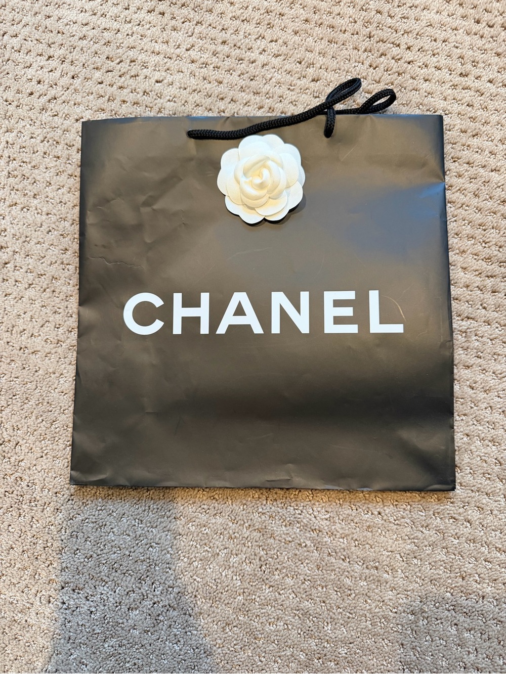 CHANEL Black Paper Tote with White Camellia Accent
